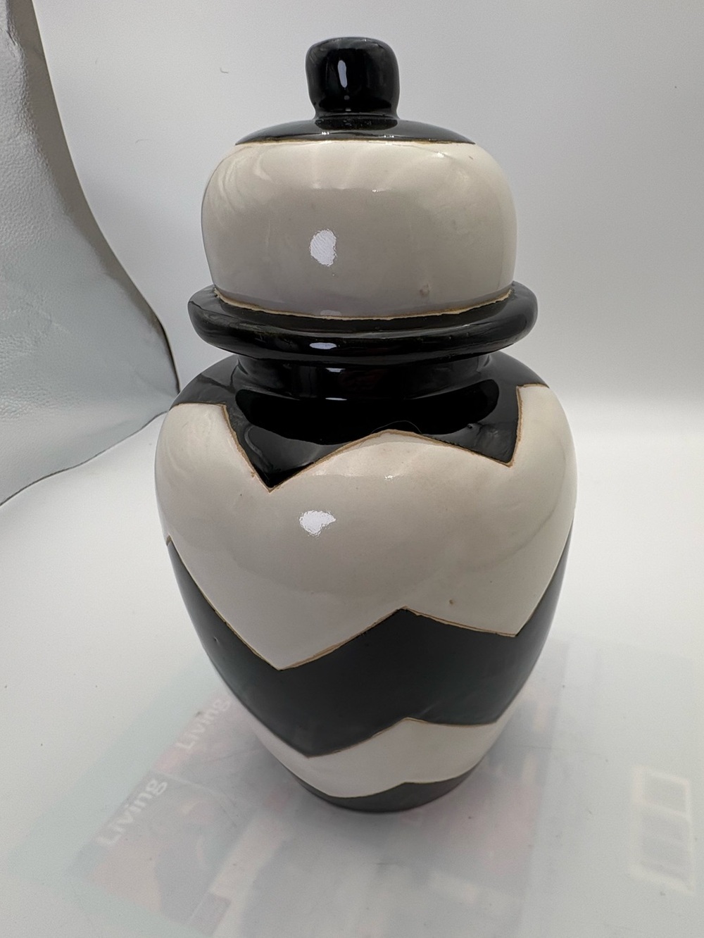 Retired Nate Berkus Black and White Chevron Striped Ceramic Ginger Jar with Lid